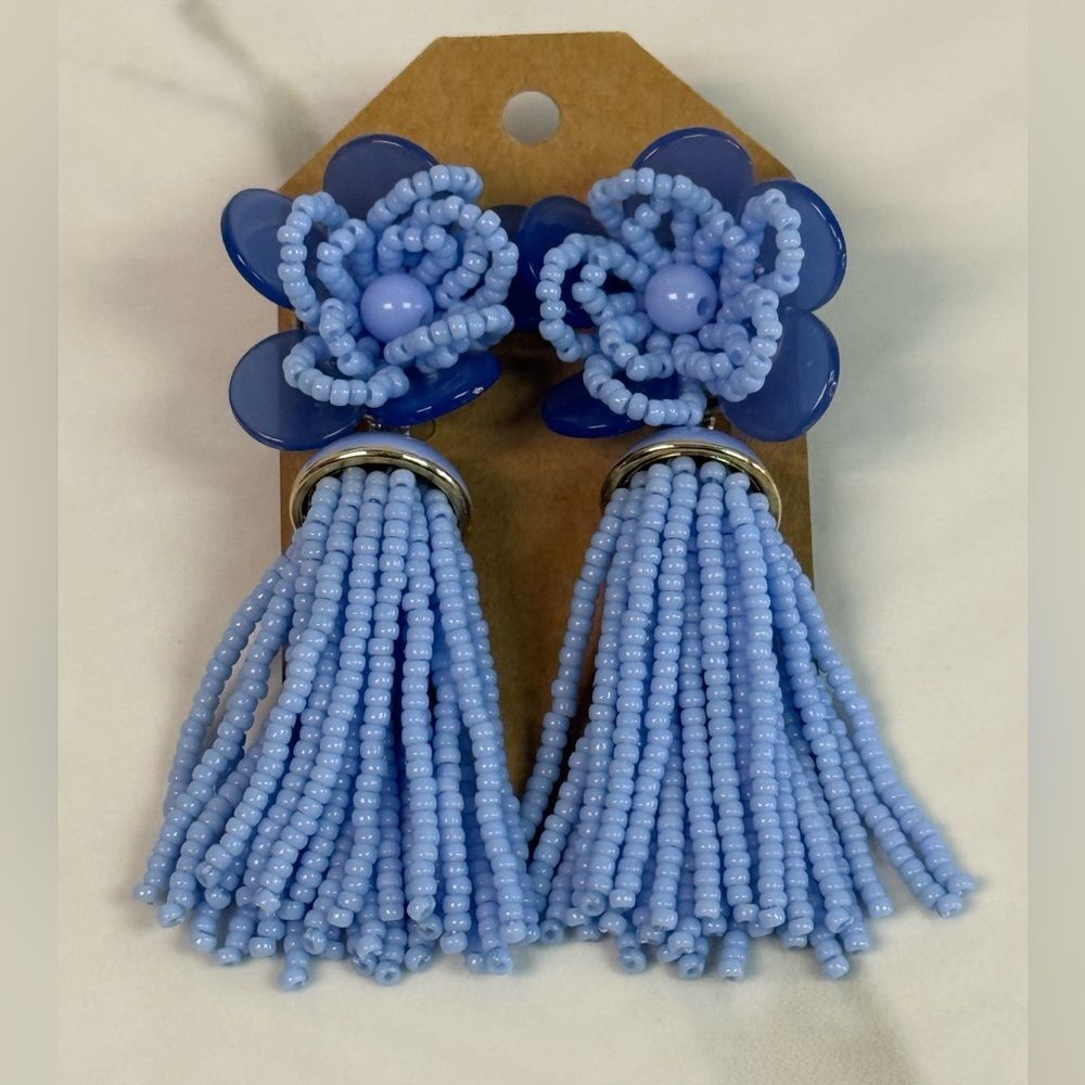 RARE J Crew Blue Floral Acrylic & Beaded Tassel Earrings